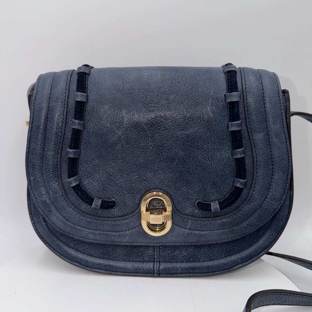 Aimee Kestenberg Ashton Navy Leather Crossbody Saddle Bag Gold Turn Lock Closure